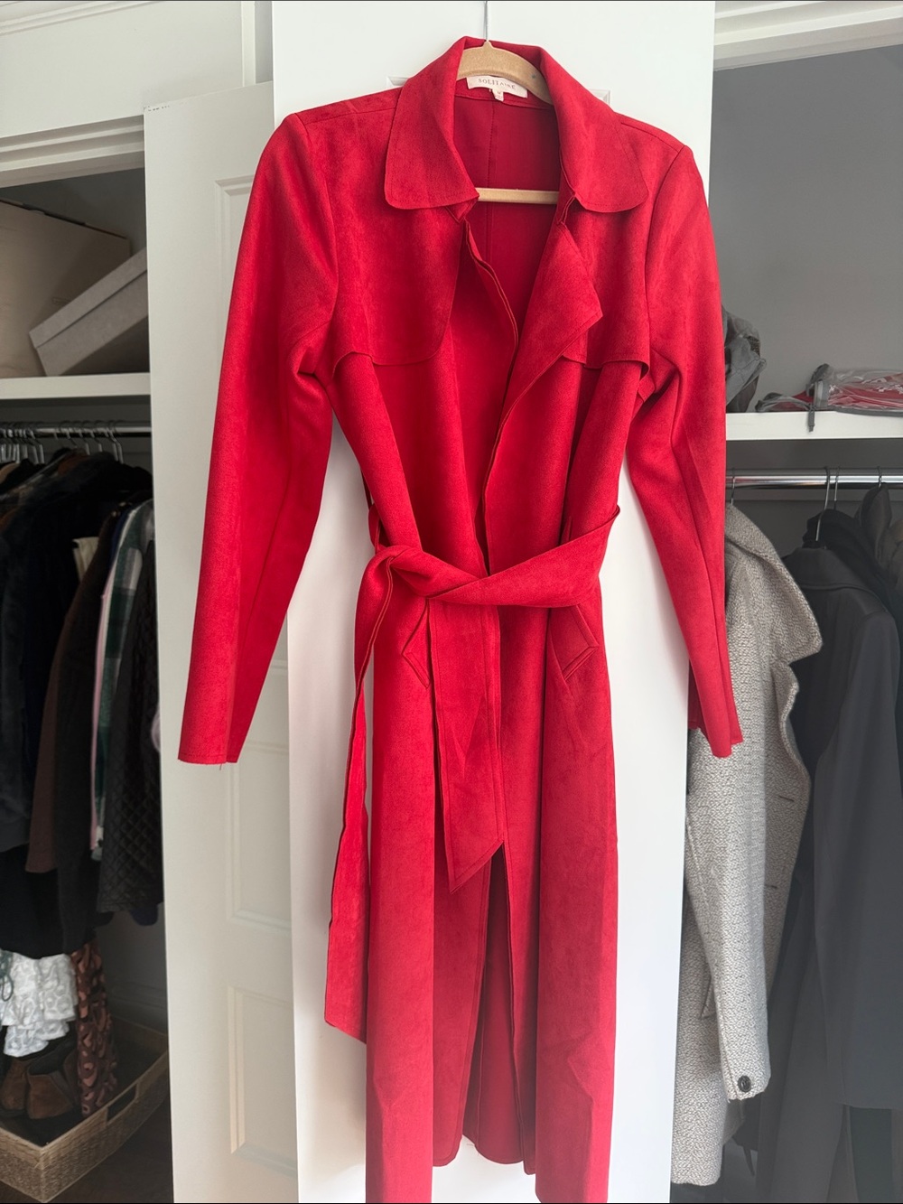 Solitaire Red Longline Belted Trench Coat